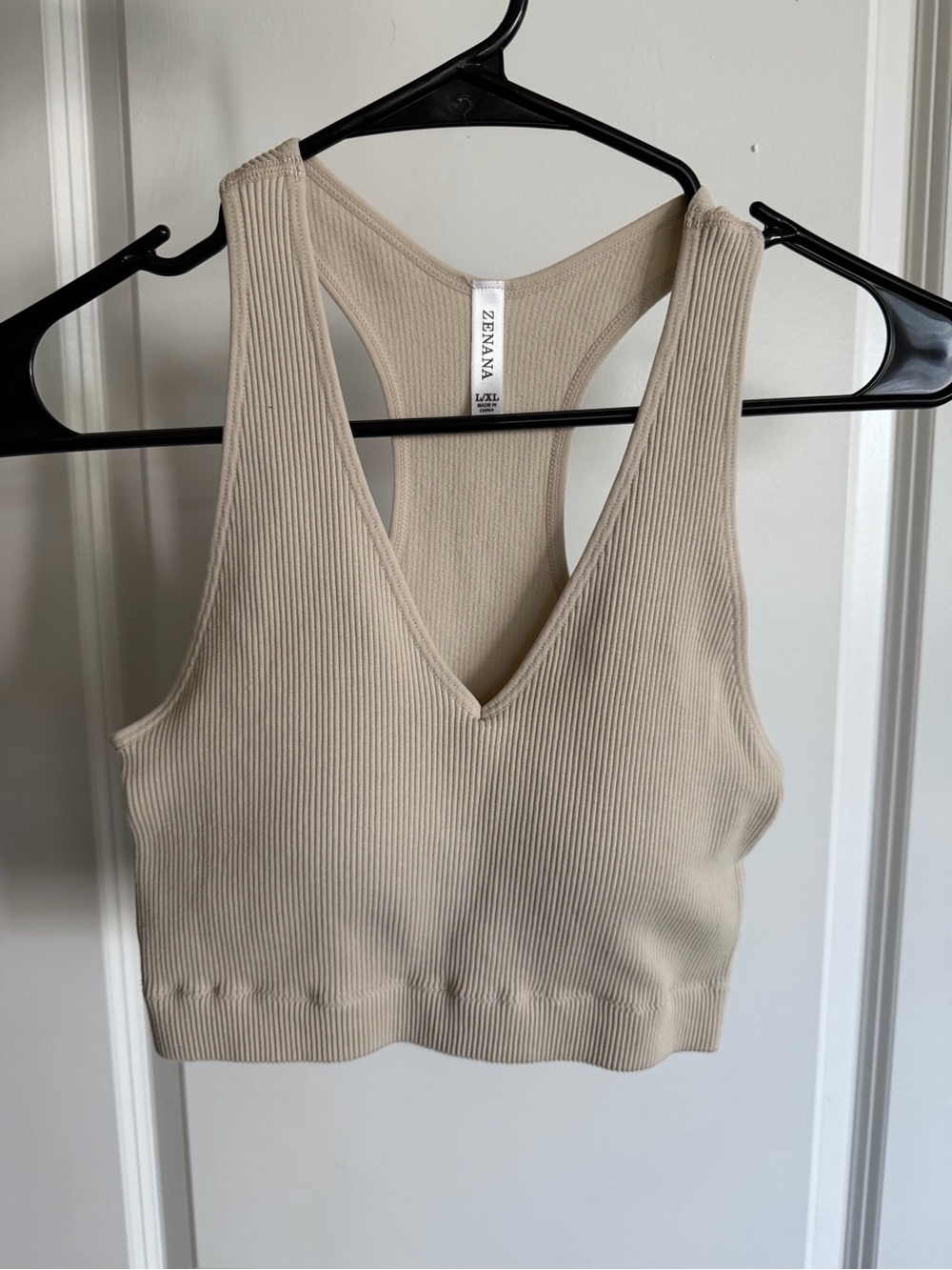 NEW L/XL Zenana Outfitters Ribbed V-Neck Racerback Crop Tank in Light Beige